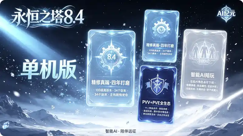 详细阅读:《永恒之塔8.4》超智能AI机器人单机版:百名陪玩角色永不下线,34副本+大量主线剧情 《永恒之塔8.4》超智能AI机器人单机版:百名陪玩角色永不下线,34副本+大量主线剧情